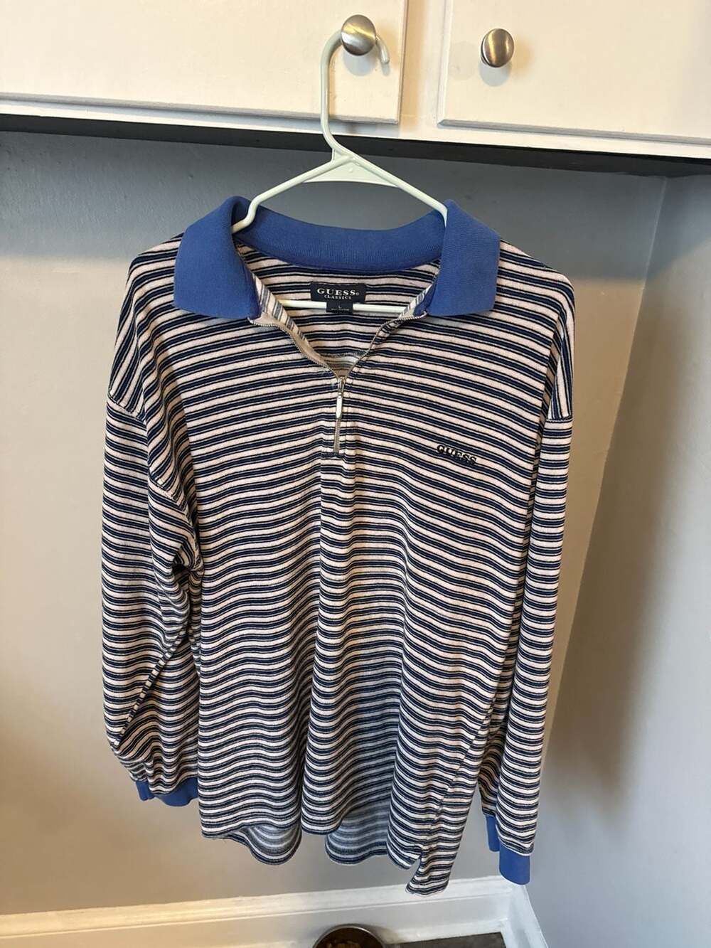 Vintage Guess Classics Striped Quarter-Zip Velour Pullover Shirt Size L